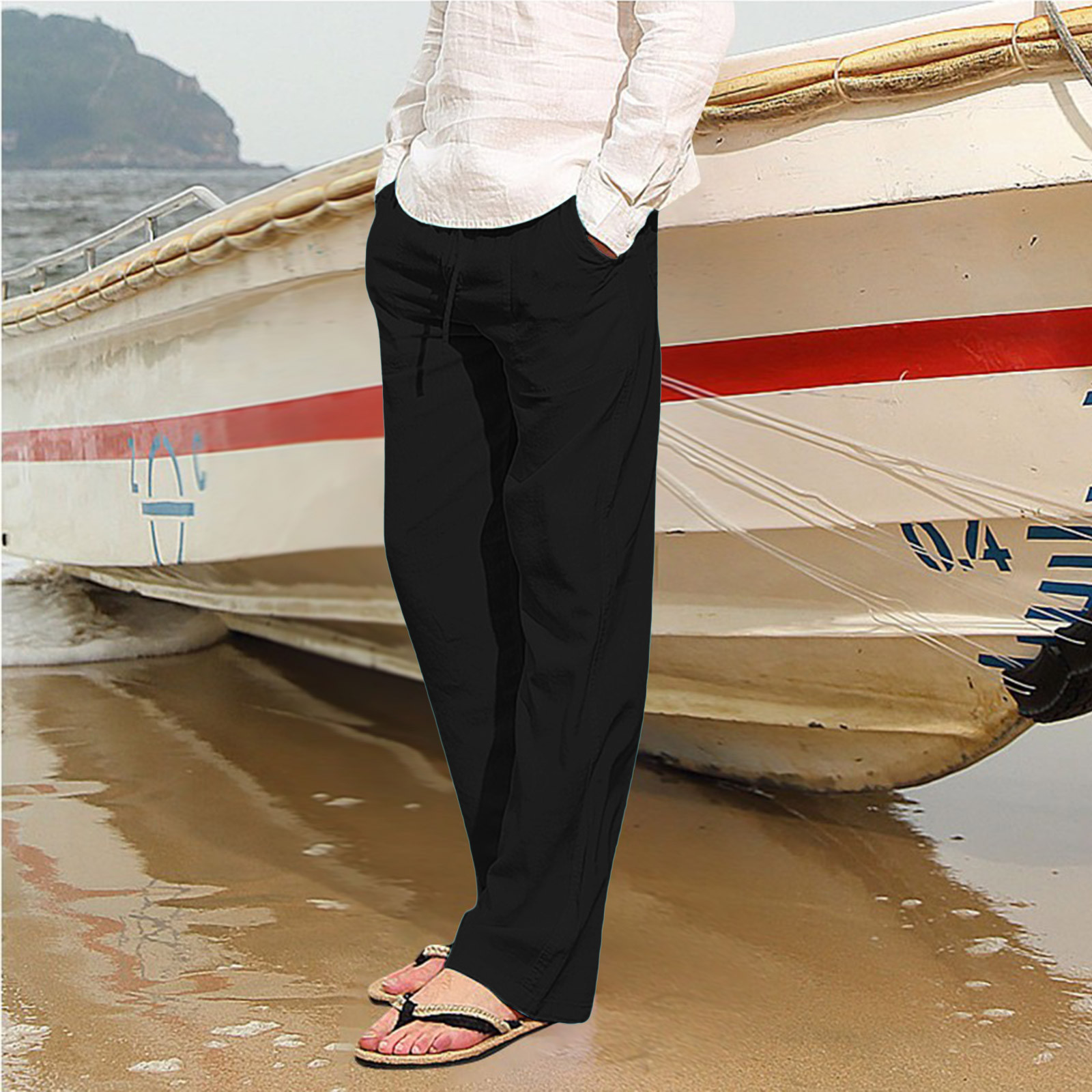 thumbnail image 3 of Pantalones deportivos holgados de hip hop para hombre - Algodón y lino, transpirables - Para todas las estaciones, cuatro bolsillos - Informales/playa/deporte - Tallas del Reino Unido/UE/EE. UU., l, 3 of 5